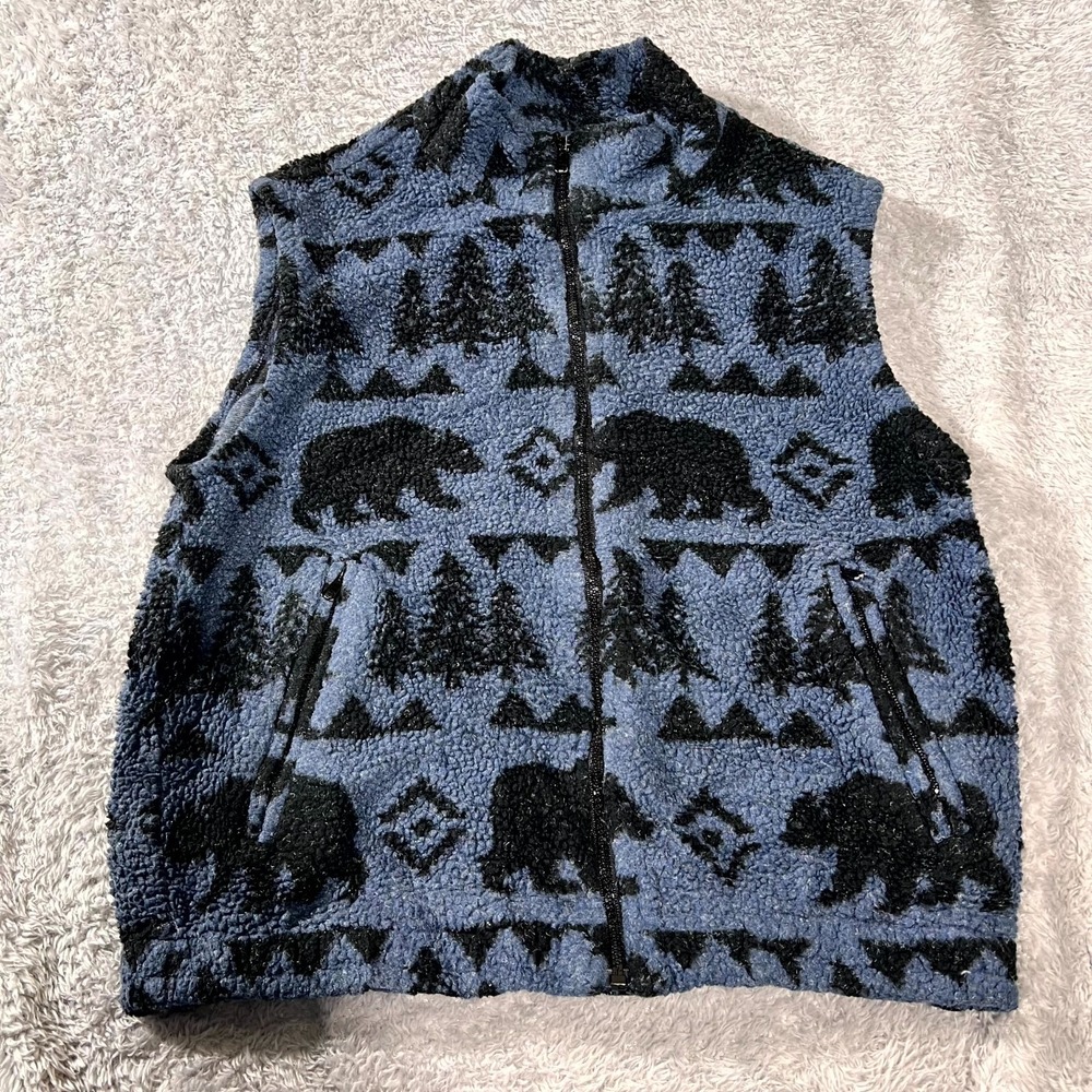 True Grit Hunting Vest Mens Small Black Blue Allover Print Mock Neck Full Zip